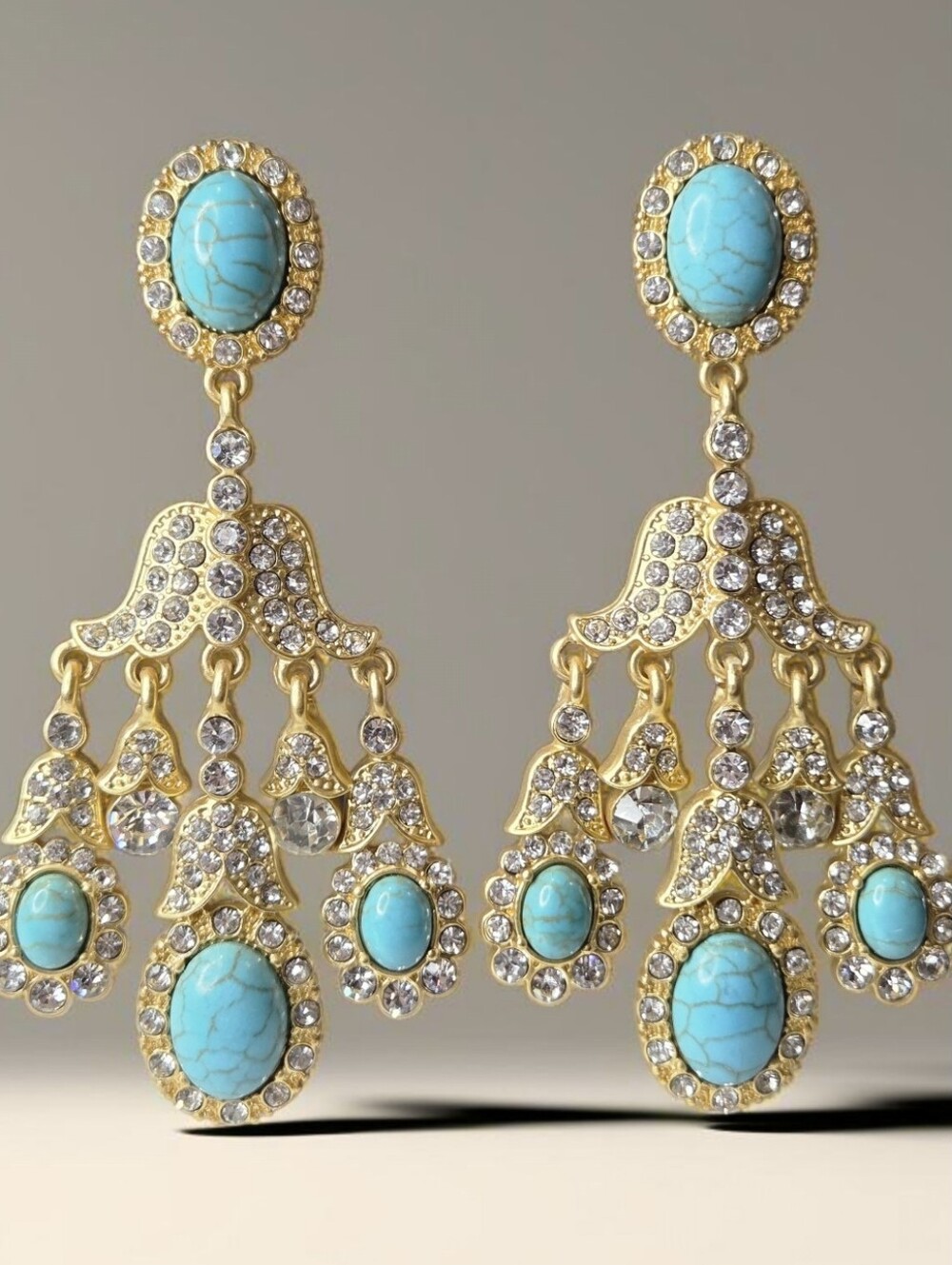Escada Vintage Huge Matte Gold Turquoise Crystal Chandelier Statement Earrings